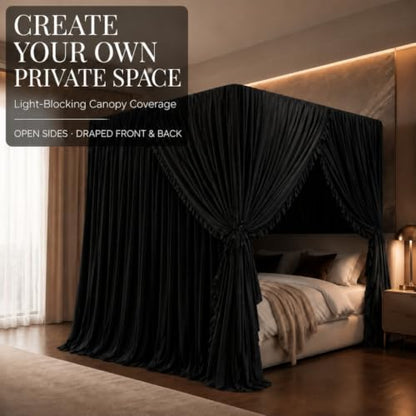 King Size Black Canopy Bed Curtains - Lightproof Privacy Bedroom Decor with 4 Openings - Pack of 4