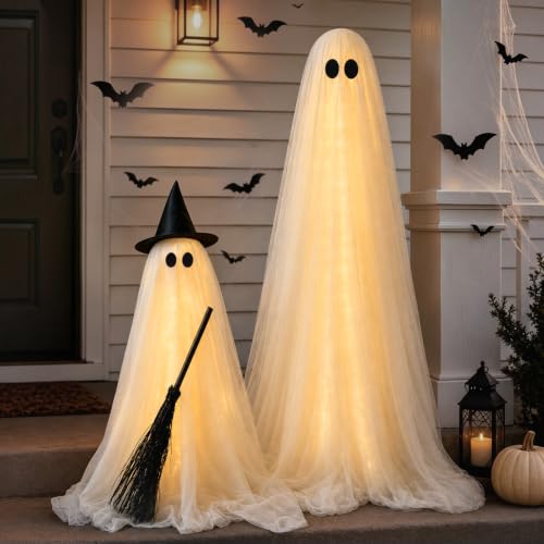 Large Ghost Halloween Yard Decor with Light-Up Spooky Ghost & Witch Broom Set