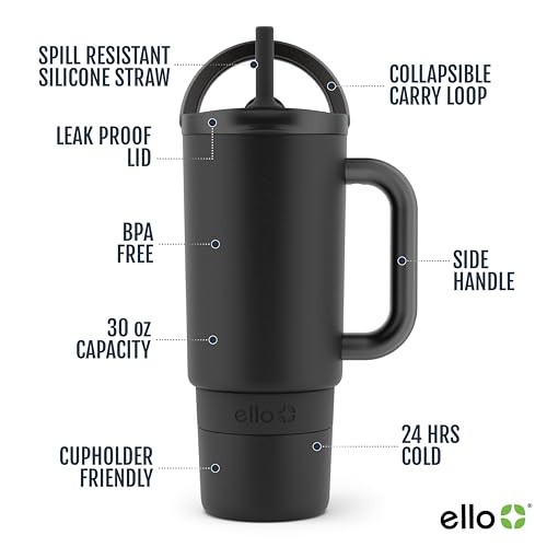 Ello Port 30oz Tumbler with Carry Loop & Integrated Handle | Vacuum Insulated Stainless Steel Reusable Water Bottle Travel Mug | Leak Proof Lid | Flexible Straw | BPA-Free | Dishwasher Safe | Black