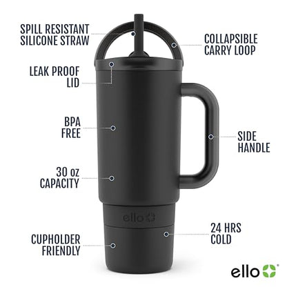 Ello Port 30oz Tumbler with Carry Loop & Integrated Handle | Vacuum Insulated Stainless Steel Reusable Water Bottle Travel Mug | Leak Proof Lid | Flexible Straw | BPA-Free | Dishwasher Safe | Black