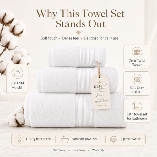 KEMET Luxury Bath Towel Set of 3 Pink - Egyptian Cotton 700 GSM, Absorbent & Soft