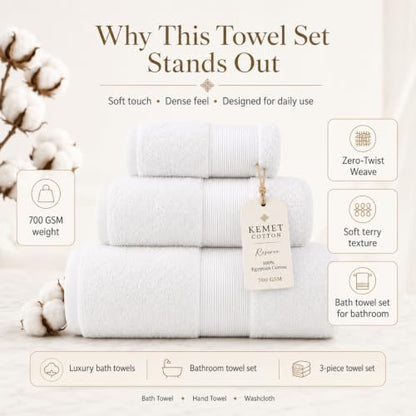 KEMET Luxury Bath Towel Set of 3 Pink - Egyptian Cotton 700 GSM, Absorbent & Soft