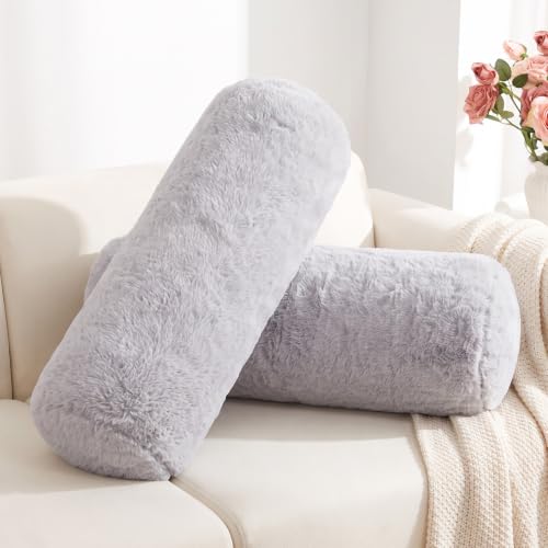 Grey Faux Fur Body Pillow Bolster Set 24x7.87 Inches for Couch & Bed