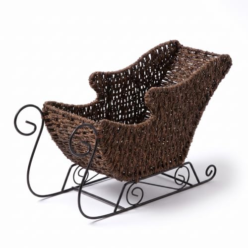 Brown Santa's Sleigh Wicker Basket Christmas Decor Handwoven Holiday Storage