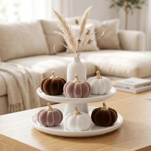 6Pcs Fall Pumpkin Decor Set - Small Velvet Flocked Resin Figurines, White & Brown