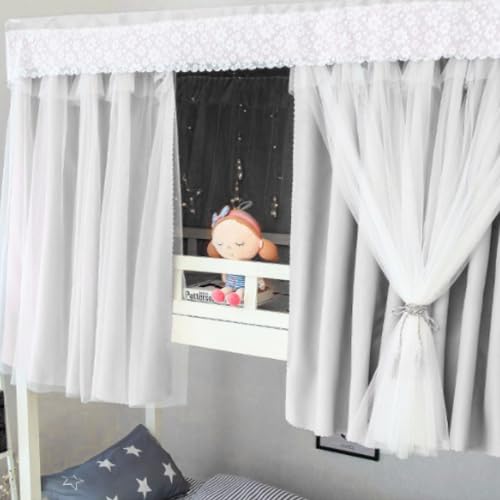 Gray Blackout Bunk Bed Curtains with Lace Trim for Privacy & Dorm Room
