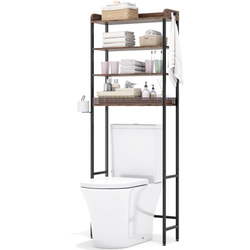 KINGRACK Brown 4-Tier Over-the-Toilet Bathroom Shelf with Hooks
