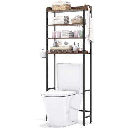 KINGRACK Brown 4-Tier Over-the-Toilet Bathroom Shelf with Hooks