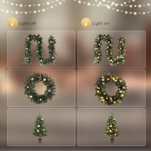 Gold Pre-lit 5-Piece Christmas Tree Set with LED Lights, Wreath & Garlands
