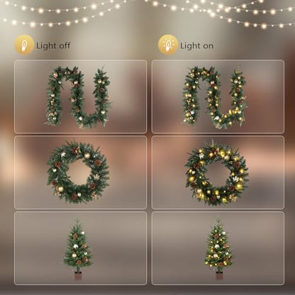 Gold Pre-lit 5-Piece Christmas Tree Set with LED Lights, Wreath & Garlands