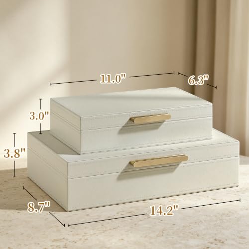 Decorative Storage Boxes with Lids - PU Leather Bins, Ivory White, Set of 2