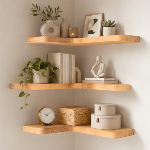 Floating Corner Shelves Solid Pinewood Wall Mounted Shelf - Natural, 3 Pieces