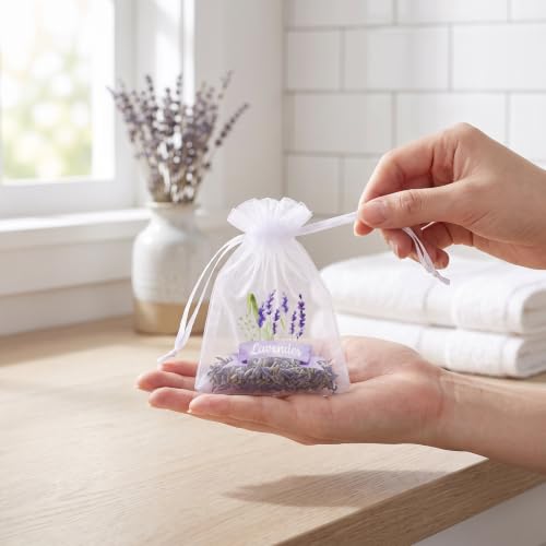 30 Pcs Drawstring Linen Sachet Bags for Lavender Storage - White Mesh
