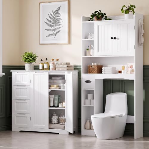 Bathroom Storage Cabinet Set - White Over Toilet & Floor Organizer