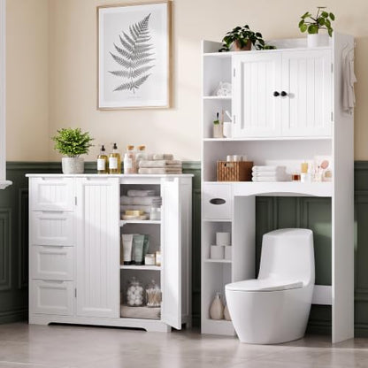 Bathroom Storage Cabinet Set - White Over Toilet & Floor Organizer