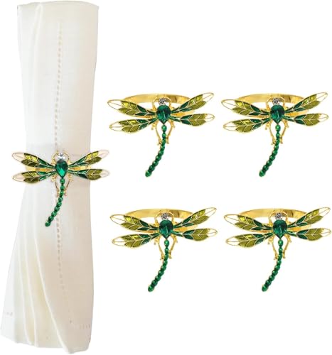 Set of 4 Green Dragonfly Napkin Rings - Elegant Metal Table Decor for Holidays