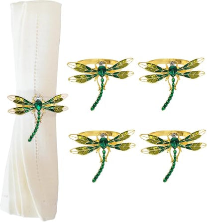 Set of 4 Green Dragonfly Napkin Rings - Elegant Metal Table Decor for Holidays