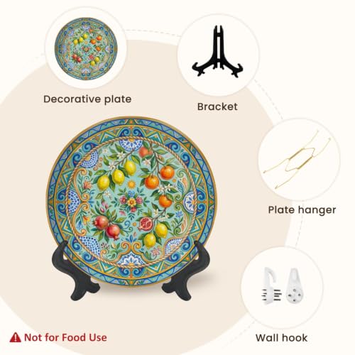 10-Inch Ceramic Decorative Plate with Stand & Hook - Mediterranean Citrus Mandala in Color 4