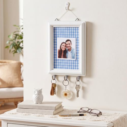 Stylish Farmhouse Rustic Key Holder Wall Decor with Photo Frame - Blue Gingham
