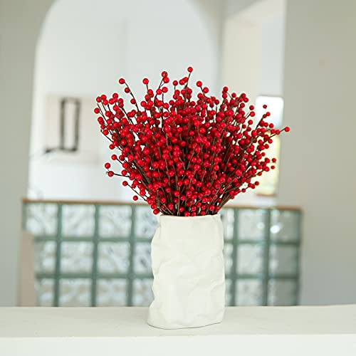 24 Pack Red Berry Stems for Christmas Decorations - 17in Holiday Floral Filler