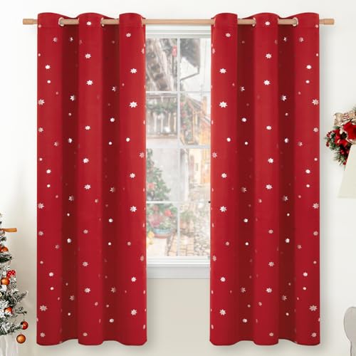 Christmas Snowflake Curtains for Living Room - 42x72 Inches, Red & White, Pack of 2 - Holiday Window Treatments