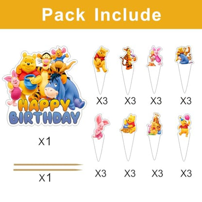 Winnie Cake Decorations Set with Topper and Cupcake Toppers for Birthday Party