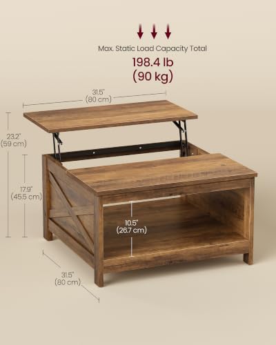 VASAGLE Lift Top Square Coffee Table with Storage - Honey Brown, 31.5"D x 31.5"W x 17.9"H