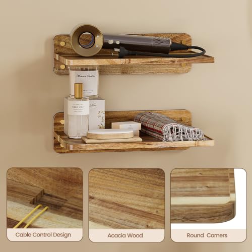 2 Pieces Acacia Wood Wall Mount Floating Shelf for Projector Router Modem TV