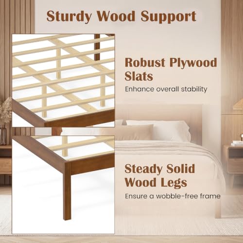 Queen Size Farmhouse Wooden Platform Bed Frame with Headboard - Walnut Open Footboard