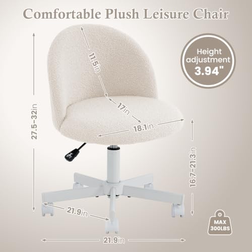 White Vanity Chair with Backrest - Girls Desk & Makeup Stool, Adjustable & Swivel
