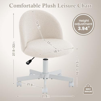 White Vanity Chair with Backrest - Girls Desk & Makeup Stool, Adjustable & Swivel