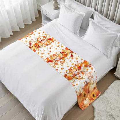 Orange Pumpkin Fall Bed Runner for Cal King Bed 102x20 Inches - Decorative Sofa Throw & Bed Scarf with Maple Leaf Sunflower Design - Variation of 102"x20" Orange, Red, Yellow