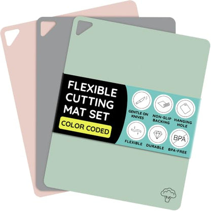 Flexible Plastic Cutting Board Set of 3 - Non-Slip, BPA-Free, Color-Coded, 15x12 Inches - Pink, Green, Gray