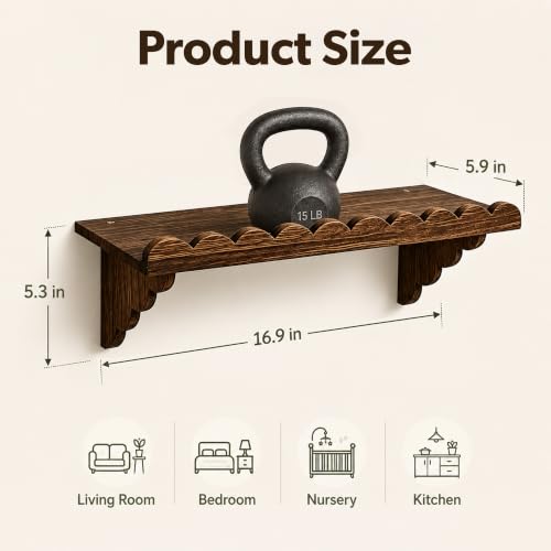 17 Inch Scalloped Wood Wall Shelves Set - Brown Floating Shelves for Decor & Storage