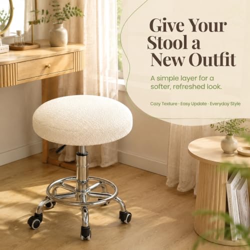 Beige Elastic Linen Textured Round Bar Stool Cover - Fits 10-14 Inches (S)