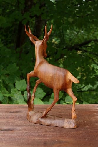 12-Inch Wooden Hand Carved Deer Statue Figurine - Rustic Lodge Decor