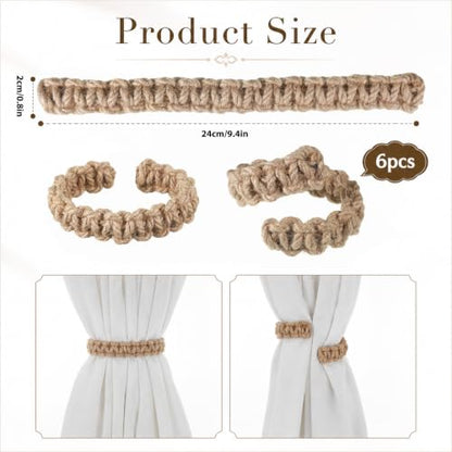 6 Pack Braided Curtain Tiebacks - Rustic Cotton Rope Holdbacks for Living Room Bedroom