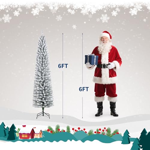 6ft Snow-Flocked Artificial Christmas Tree with Pre-Lit LED Lights - Pencil Shape, Hinged Branches, Metal Stand
