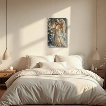 Christmas Angel Wall Art Canvas Print - White Angel Girl & Tree Decor 20L x 16W