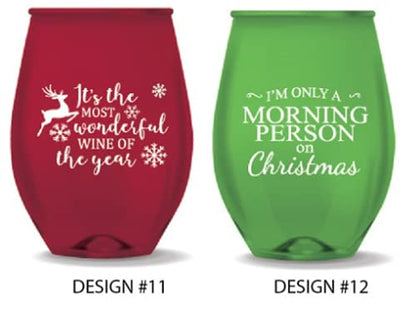 Christmas Themed Stemless Wine Glass Set of 12 - Unbreakable Funny Sayings - Holiday Party Drinkware