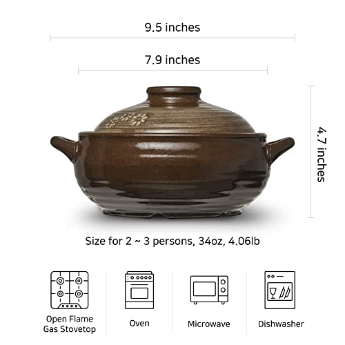 Dolsot Korean Stone Bowl Clay Pot for Cooking - Large 34oz, Includes Lid