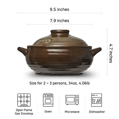 Dolsot Korean Stone Bowl Clay Pot for Cooking - Large 34oz, Includes Lid