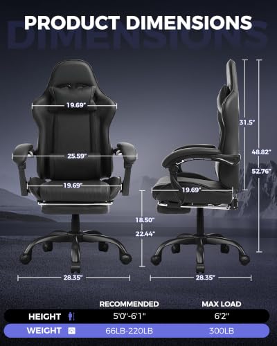 Gaming Chair with Footrest and Reclining Backrest - Onyx Black