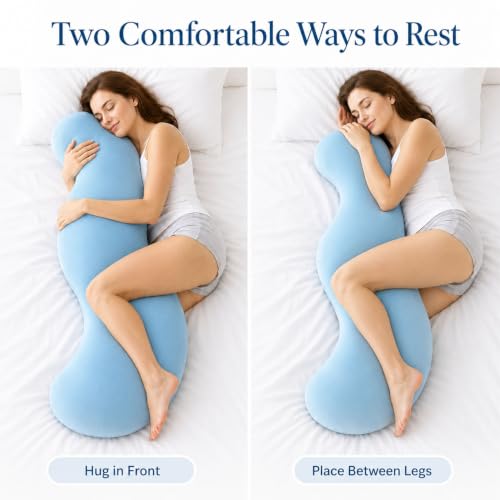 Blue S-Shaped Body Pillow for Side Sleepers with Cooling Cotton Cover - Support for Hips, Knees & Legs