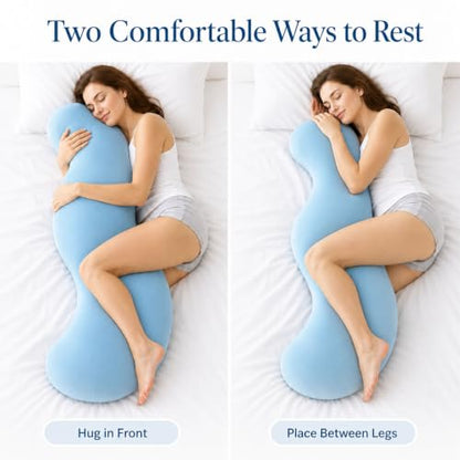 Blue S-Shaped Body Pillow for Side Sleepers with Cooling Cotton Cover - Support for Hips, Knees & Legs