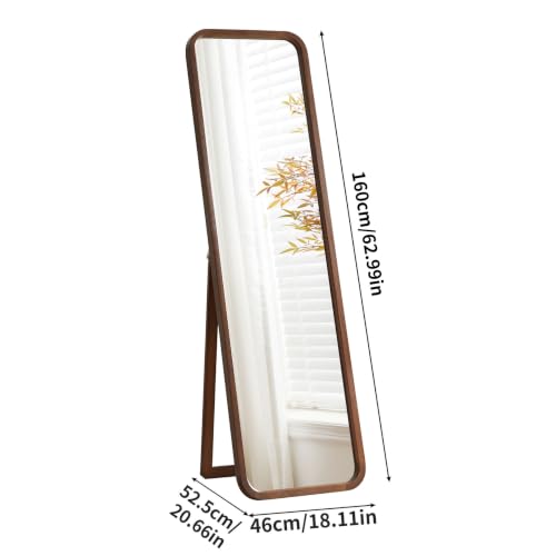 Walnut Wood Floor Mirror - Full-Length 63 x 18 in with Stand & Wall Mount
