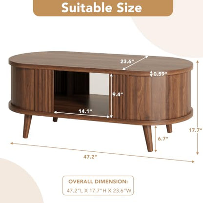 47.2 Inch Oval Fluted Coffee Table with Storage - Walnut, Modern Mid-Century