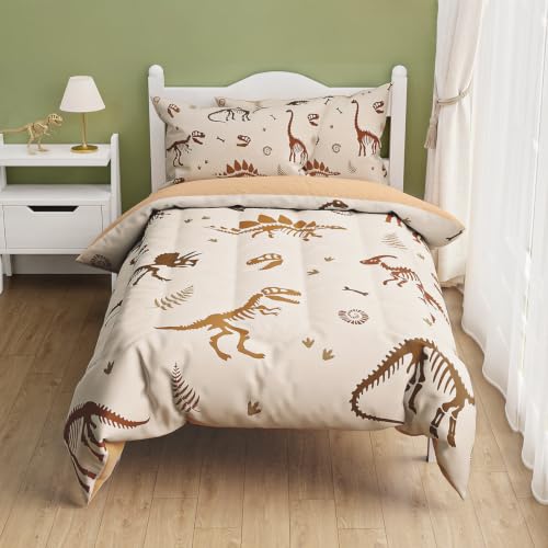 SANDJEST Dinosaur Twin Bedding Set with Comforter, Fitted Sheet & Pillowcases - Kids Bedroom Decor