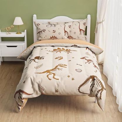 SANDJEST Dinosaur Twin Bedding Set with Comforter, Fitted Sheet & Pillowcases - Kids Bedroom Decor
