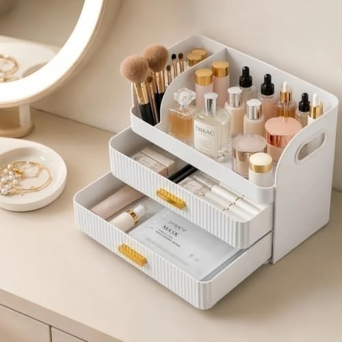Makeup Organizer with Drawers and Brush Holder - Large White Vanity Storage